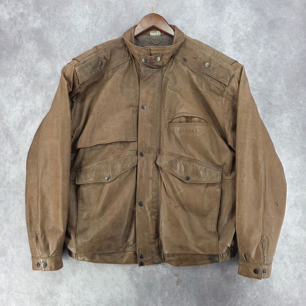 Vintage Charles Klein 80s Brown Leather Bomber Jacket Mens XL Quilted Distressed